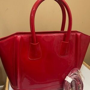 Jeanne Lottie Red Patent Tote Bag Glossy Handbag Top Handle Structured Satchel